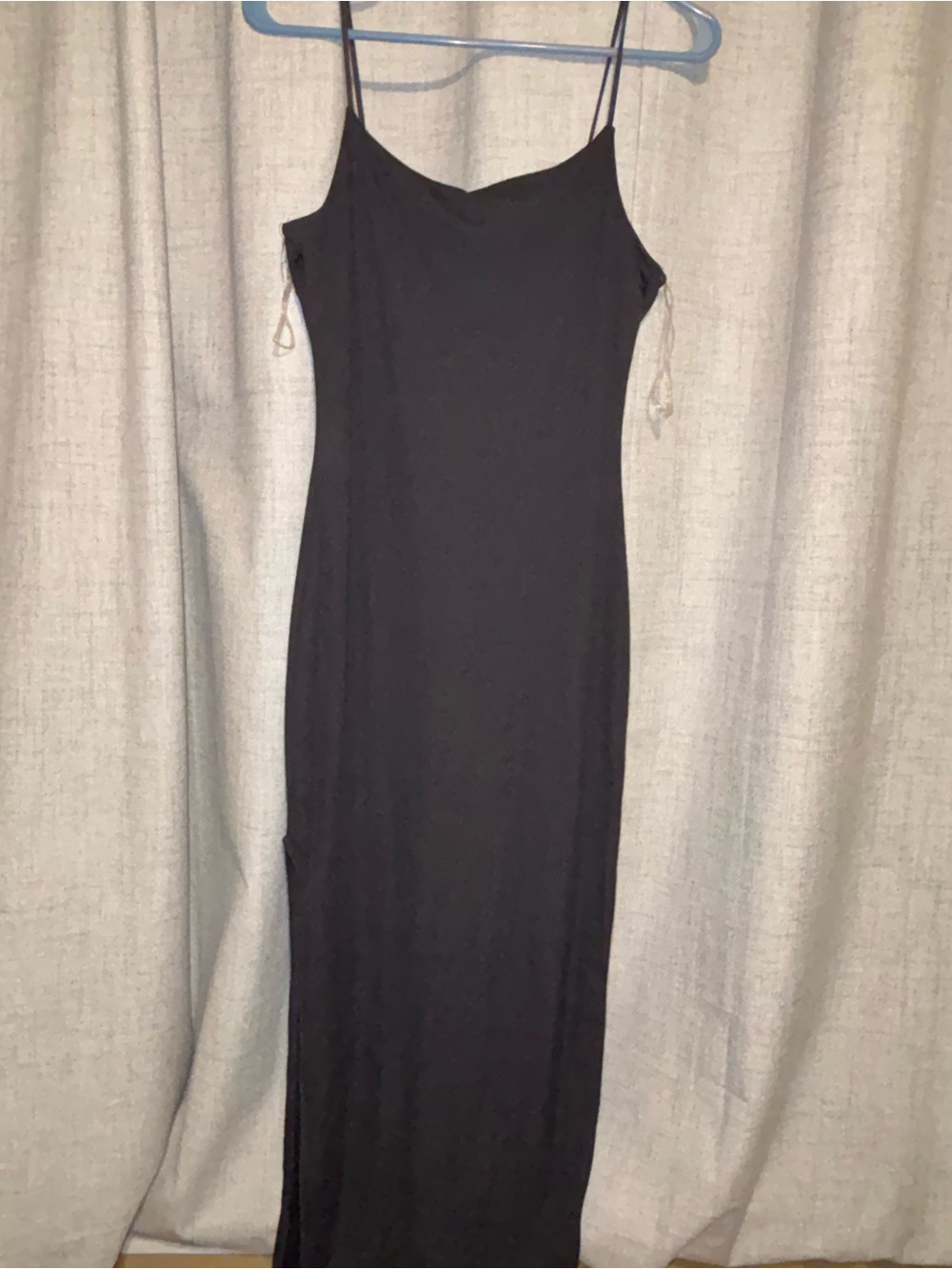 Harper Black Maxi Slip Dress with Spaghetti Straps. Slit on right side